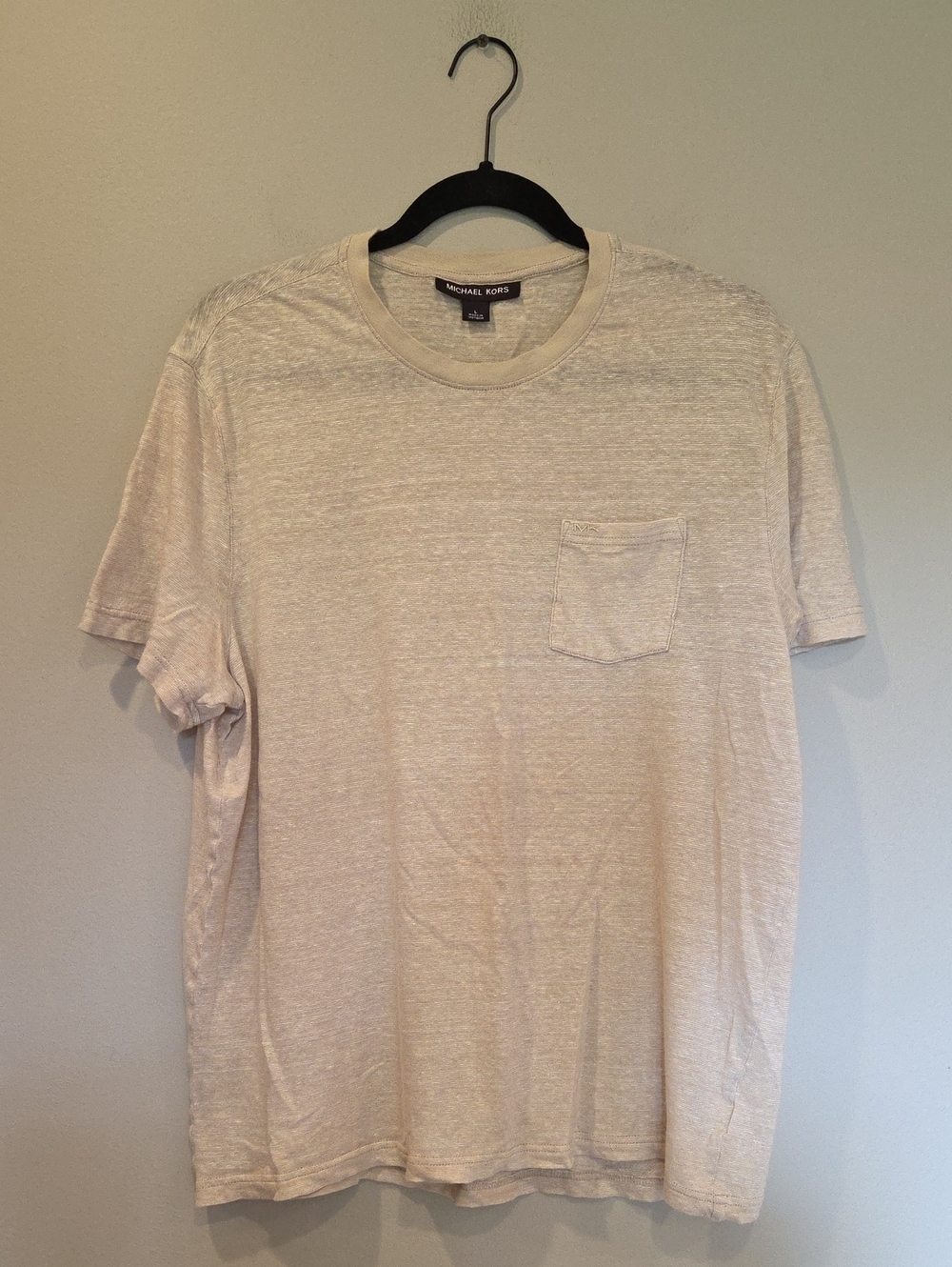 Michael Kors Mens Linen Blend Short Sleeve Pocket Tee Light Tan Beige L